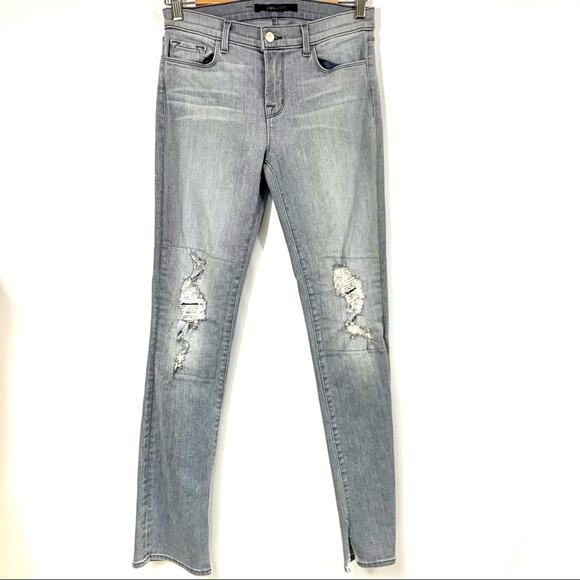 J Brand Jeans Rail Mid-Rise Distressed Denim Split Hem Grey Denim 811 size 27 - Picture 3 of 14